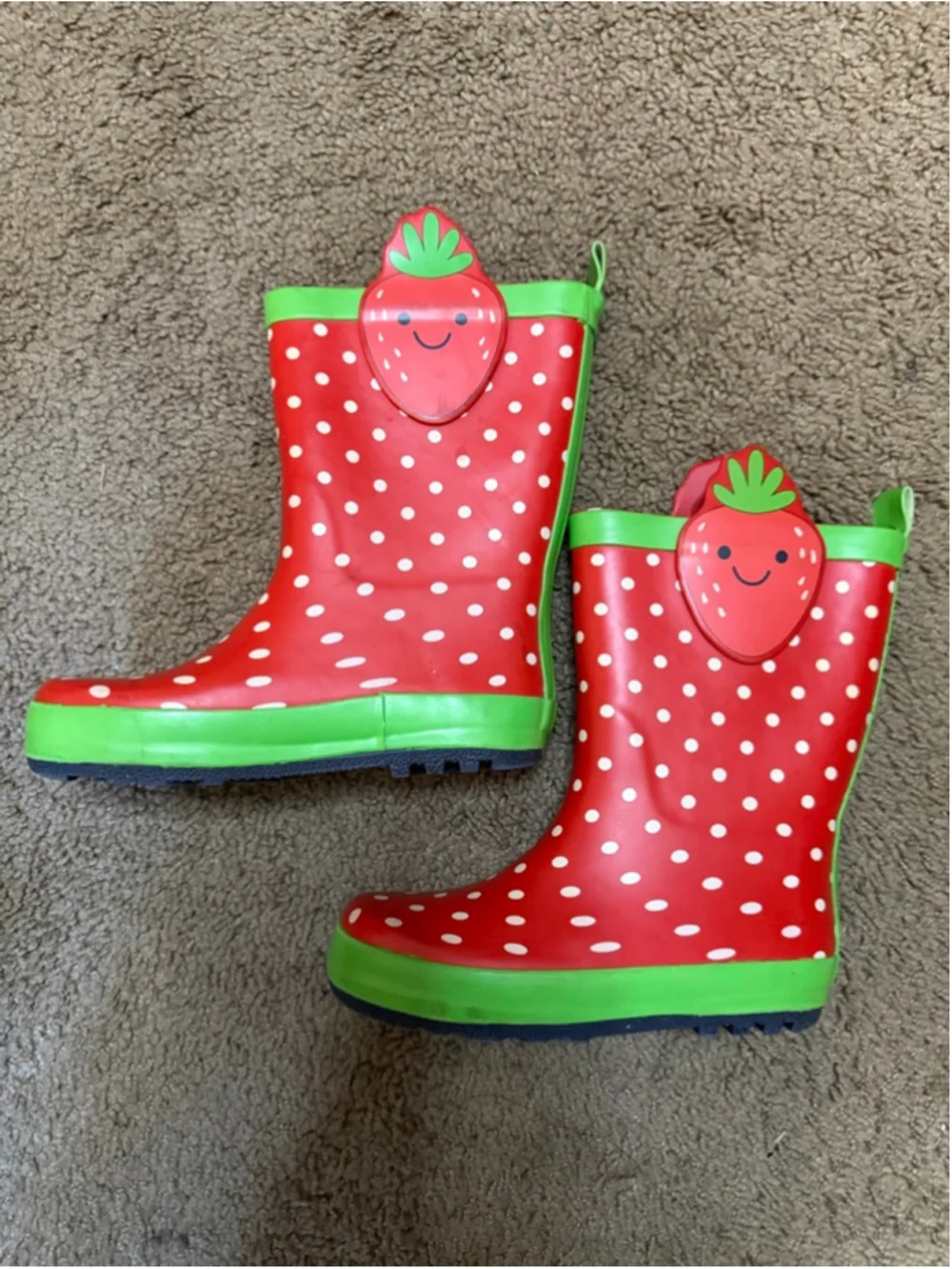 Girls Red & Green Strawberry Polka Dot Rain Boots Size 11